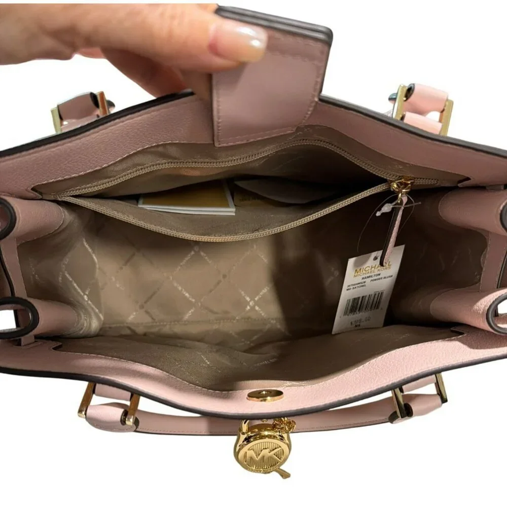 Michael Kors Bedford Pink Signature Logo Satchel Bag Gold New $398
